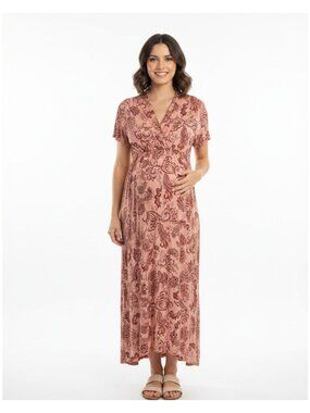 Isabel Maternity Coral Floral Print Ultrasoft Short Sleeve Maxi Long Dress Sz XL